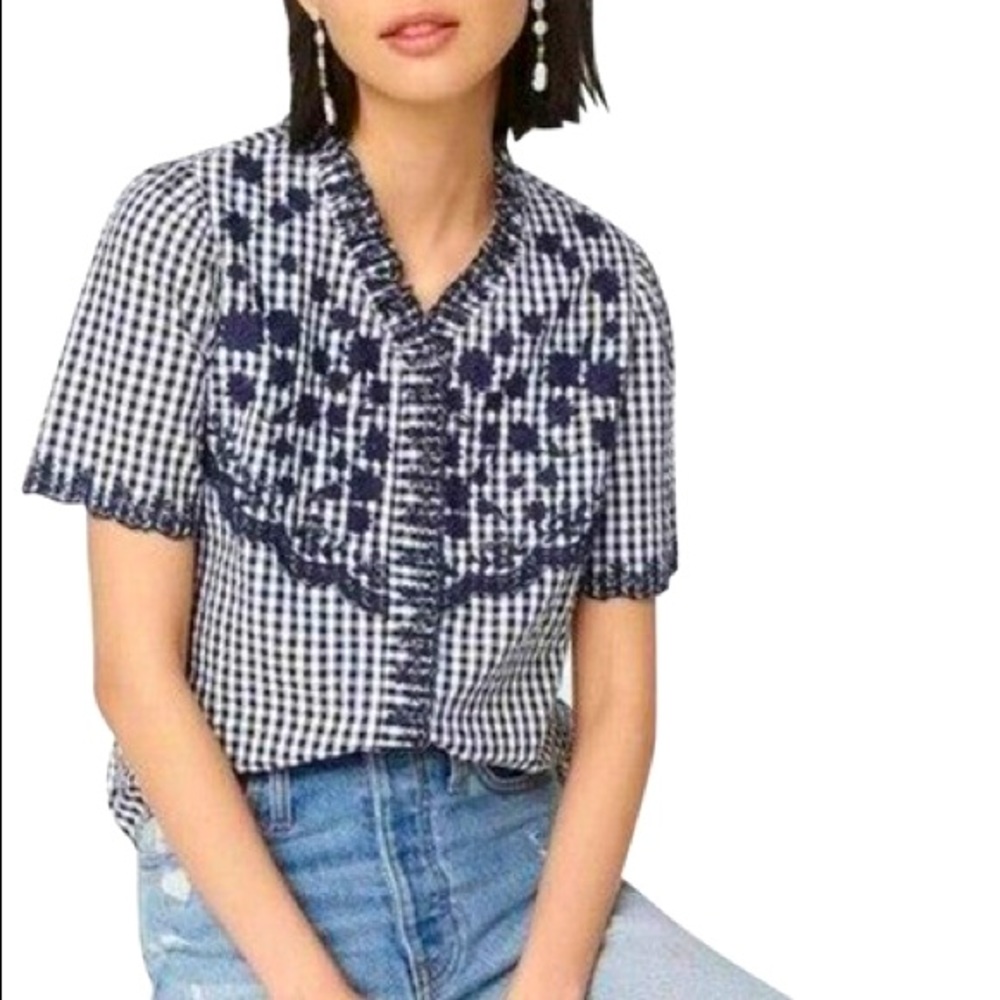 NWOT J.Crew Embroidered Navy Gingham Top Size Small